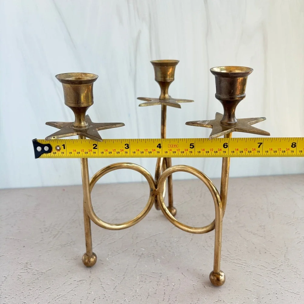Vintage Brass Star Candelabra Pair Celestial 3-Light Taper Candle Holders Set 2